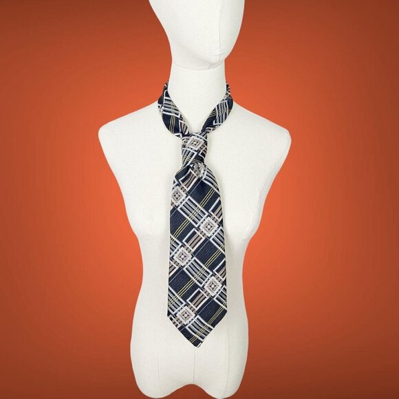 Vintage 1970's Polyester Necktie In Black Silver Orange Yellow Geometric Print. - Picture 1 of 8